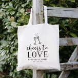 Skål för Kärlek bröllopsfavoriter Tygkasse<br><div class="desc">Festive and chic bröllopsförmån eller bröllop Welcome tote bags-inslag "cheers to kärlek" i svart vintage stil block och manustypografi med två champagneflutes gått med av ett brinnande hjärta. Anpassa med din namn och bröllop-dejt.</div>