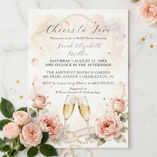 Skål för kärlek Rosa blommig champagne Bröllopsdus Inbjudningar (Skapare uppladdad)