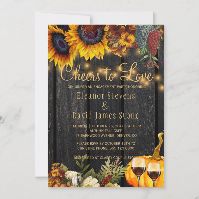 Skål för kärlek vingård rustik trä förlovningsfest inbjudningar (Framsida)