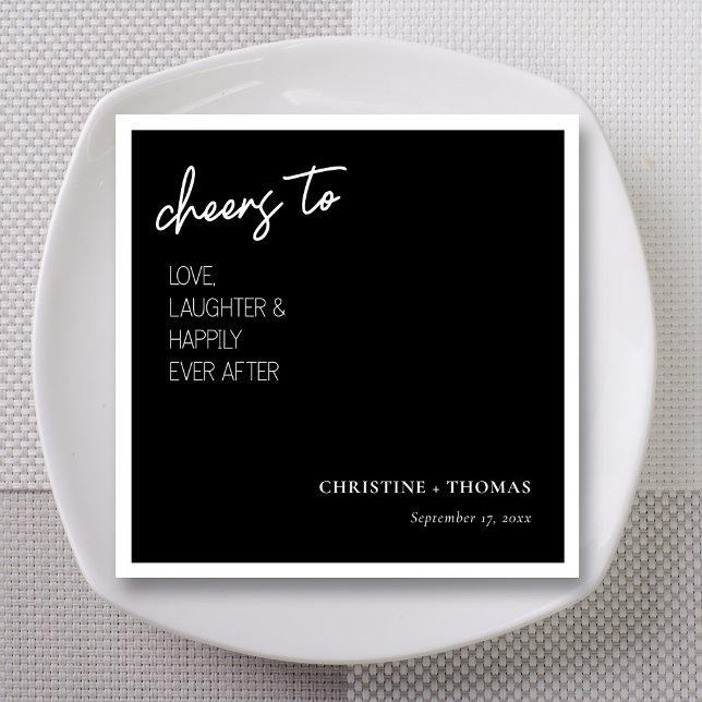 Skål för Lycklig par! Bröllop Pappersservett (Black & white Cheers to Love Laughter and Happily Ever After wedding napkins with personalized name)