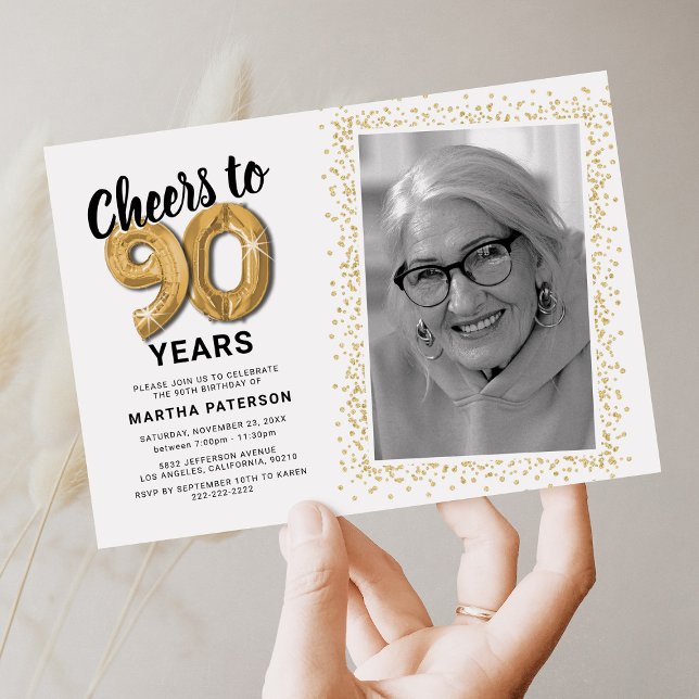 Skål för nittio år 90-års födelsedagsfoto inbjudningar (Skapare uppladdad)