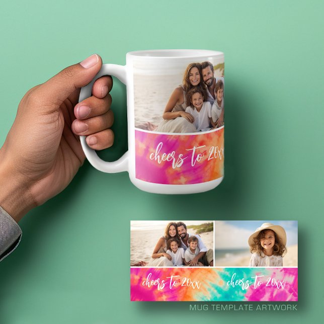 Skål för nyårsaftfoto på 70-talet kaffemugg (Personalized mug template with a funky 2 photo collage, custom text and a bright tie dye pattern)