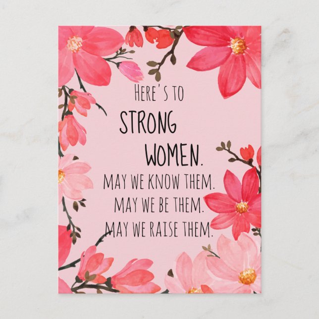 Skål för Starka Kvinnor Röd och Rosa Blommig Vykort (Framsida)