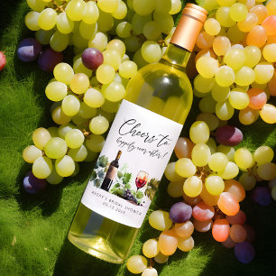 Skål för vin-tema bröllopsfest med akvarellmotiv vinflaska etikett