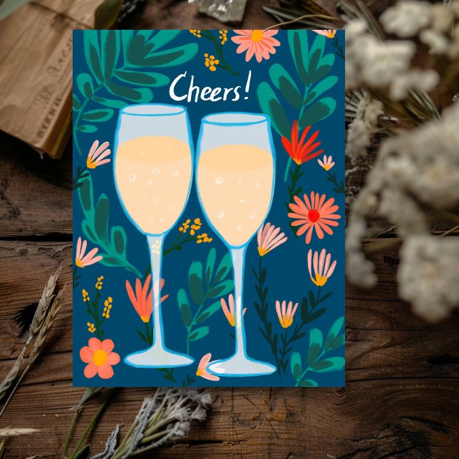 Skål! Gnistrande vin champagne blommor Grattis  Vykort (Cheers! Sparkling Wine Champagne Flowers Congrats Engagement wedding Postcard
)