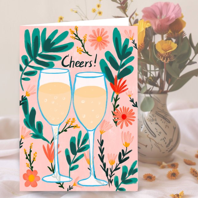 Skål! Gratulerara mousserande Vin Champagne Flower Kort (Cheers! Sparkling Wine Champagne Flowers Congrats Card Wedding Engagement Anniversary)