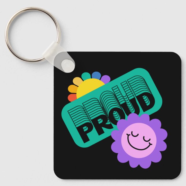 Skål. HBT+Pride. Regnbåge med solros. Nyckelring (Framsida)