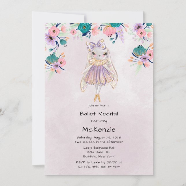 Skäl i Lavender Bunny Rabbit Ballerina Ballet Inbjudningar (Framsida)