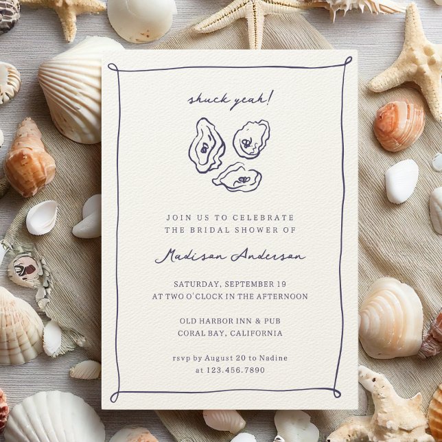 Skal Ja Östersjöblå Bröllopsdusch Inbjudningar (Casual ocean themed bridal shower invitation with doodle style oysters illustration and "shuck yeah")