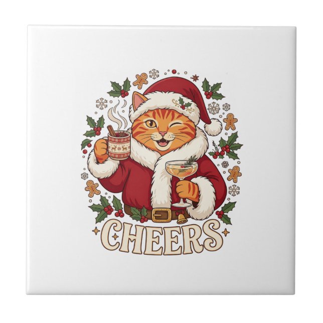 Skål jul orange katt julhatt drycker Ginge Kakelplatta (Framsidan)