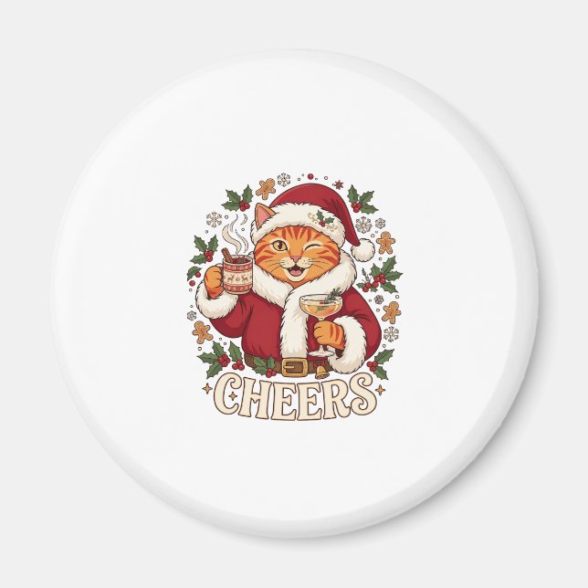 Skål Jul Orange Katt Santa Hatt Dricker Ginge Magnet (Framsidan)