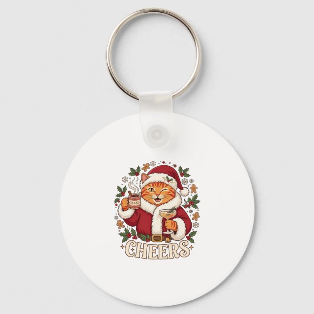 Skål Jul Orange Katt Santa Hatt Dricker Ginge Nyckelring (Framsida)