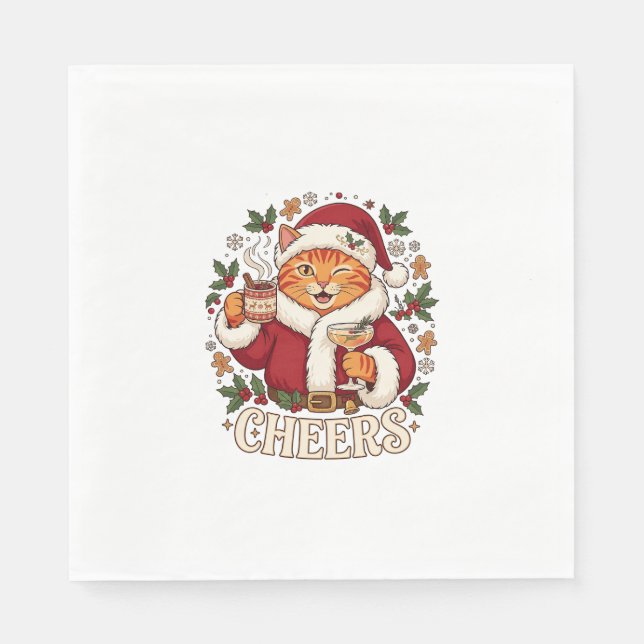 Skål Jul Orange Katt Santa Hatt Dricker Ginge Pappersservett (Framsidan)
