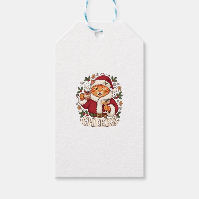 Skål Jul Orange Katt Santa Hatt Dricker Ginge Presentetikett (Framsidan)