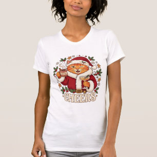 Skål jul Orange Katt Santa Hatt Dricker Ginge T Shirt