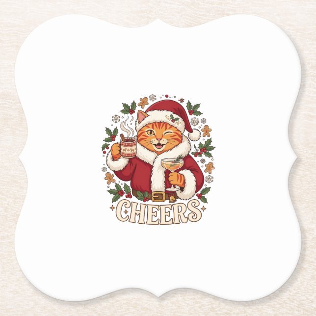 Skål jul Orange Katt Santa Hatt Dricker Ginge Underlägg Papper (Framsida)
