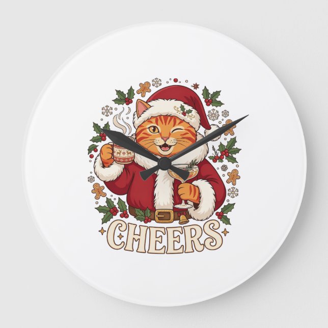 Skål Jul Orange Katt Tomte Hatt Dricker Ginge Stor Klocka (Framsida)