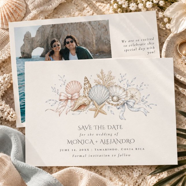 Skal kust strand bröllopsfoto  spara datumet (Seashell Coastal Beach Wedding Photo Save The Date)