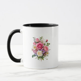 Skål med bukett av rosa rosor och blommor mugg