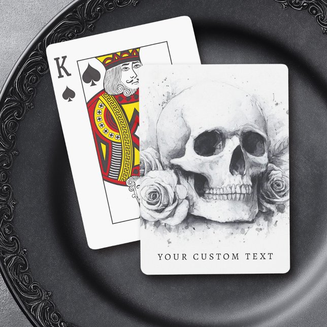 Skal med ro vattenfärgsmåla casinokort (Skull with roses watercolor painting poker cards)