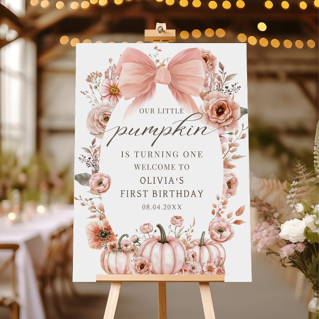 Skål med rosa band och blommor pumpa födelsedags v poster (Skapare uppladdad)