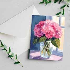 Skål med rosa hydrangea blommor vattenfärg kort