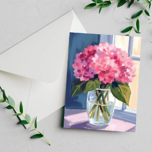 Skål med rosa hydrangea blommor vattenfärg kort