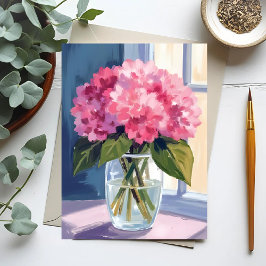Skål med rosa hydrangea blommor vattenfärg vykort