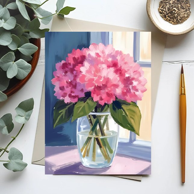 Skål med rosa hydrangea blommor vattenfärg vykort (Skapare uppladdad)