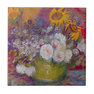 Skål med solrosor och rosor av Vincent van Gogh Kakelplatta