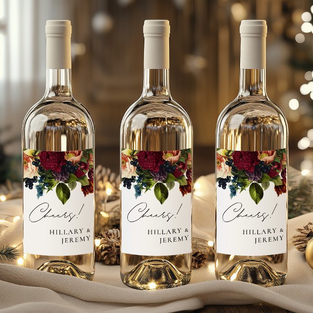 Skål! Moody Blommigt Bröllop Burgundy Vinflaska Etikett (Skapare uppladdad)
