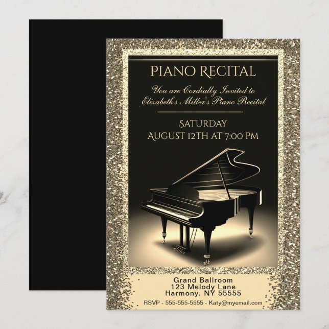 Skäl Piano med Guld Glitter om den svarta inbjudan (Fram/baksida)