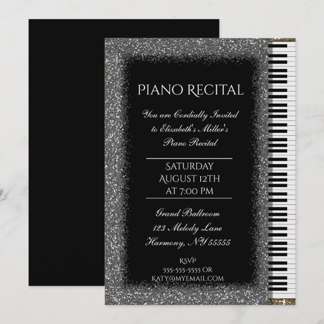 Skäl Piano med Silver Glitter om Svarta havet Inbjudningar (Fram/baksida)