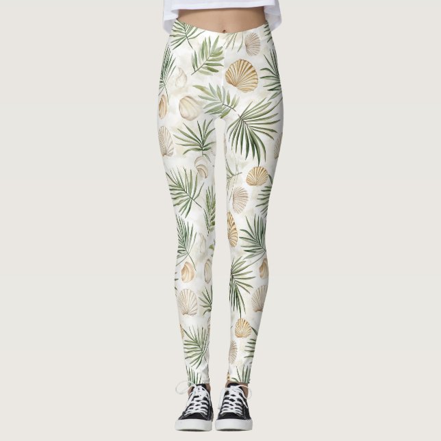 Skal Strand Gröna Palmträd Blad Leggings (Framsida)