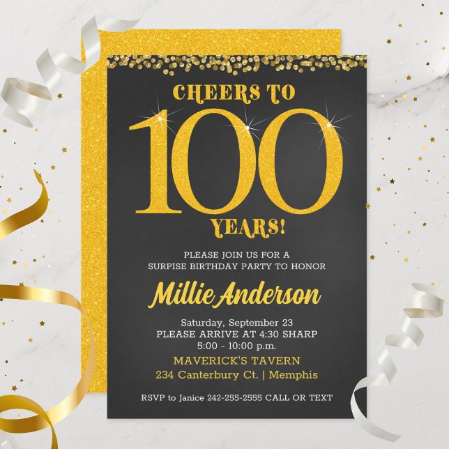 Skål till 100 års födelsedag Guld Black Hundredth Inbjudningar (Cheers to 100 Years Birthday Invitation)