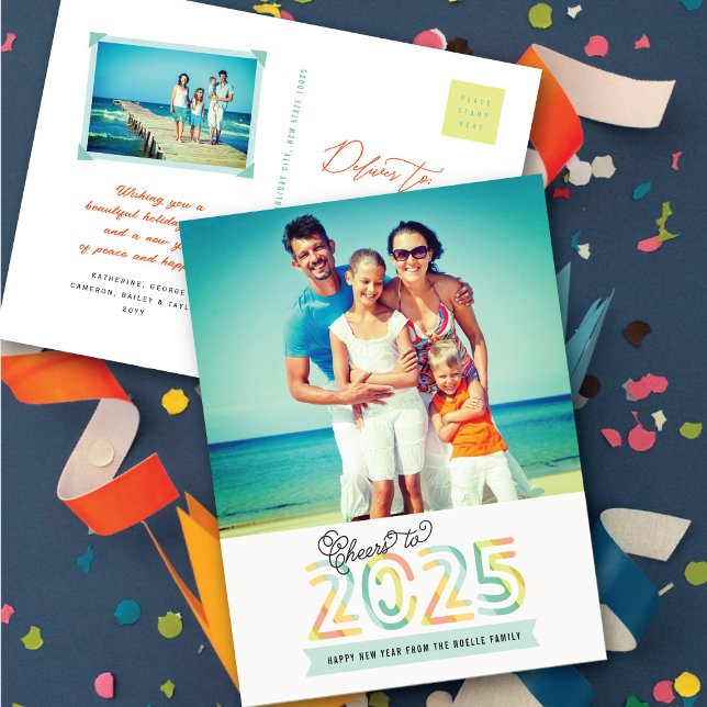 Skål till 2025 Citrus Rand Gott nytt år Photo Helg Vykort (Cheers to 2025 Citrus Stripes Happy New Year Photo Holiday Postcard @ fat_fa_tin)