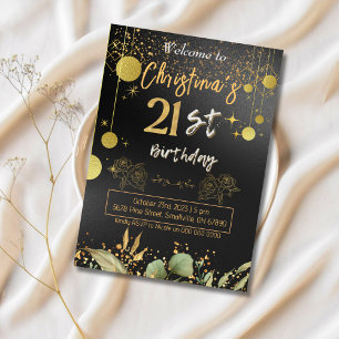 Skål till 21 år! Elegant svart & guld födelsedag Inbjudningar