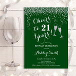 Skål till 21 års Grönt Silver Inbjudningar<br><div class="desc">21:a födelsedagsinbjudan. Skål för 21 år! Utformning av eleganten i grönt,  vitt och silver. Innehåller champagneglas,  typsnitt för manus och konetti glitter silver. Perfekt för en snyggt födelsedagsfest. Anpassa med dina egna detaljer. Kan anpassas för att visa vilken ålder som helst.</div>