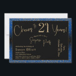 Skål till 21 års överraskningsfödelsedag Guld & Bl Inbjudningar<br><div class="desc">Med två utmärkande typsnitt har jag skapat grafik för ditt tillkännagivande och förskönat dem med en faux-metallisk guld-effekt för ett festligt liv. Även om varje del kan flyttat runt till kostym för dina behov, står rubriken "Cheers to 21 Years!" och "Surprise Party". ("Överraskning" kan tas bort om party inte är...</div>