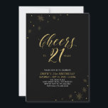 Skål till 21 | Guld & Black 21:a födelsedagen Part Inbjudningar<br><div class="desc">Låt oss fira din speciella dag med den här snyggten 21:a födelsedagsinbjudan. Den här designen har guld-typografin "Cheers to 21" och guld inslag med svart bakgrund. Du kan anpassa texten och bakgrunden till färg. Fler matchande party-tillbehör finns på min butik BaraBomDesign.</div>