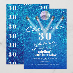 Skål till 30 års Blue Glam Disco Retro Birthday Inbjudningar