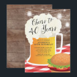 Skål till 40 års födelsedagsinbjudan inbjudningar<br><div class="desc">Skål till 40 års barbecue-inbjudan med en mugg & burgare på en rustik träbakgrund med hängmason burk ljus</div>