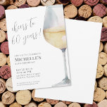 Skål till 60 års 60:e Födelsedagsfesten Inbjudningar<br><div class="desc">"Skål till 60 år!" visas stolt överst i denna klassiska inbjudan och inbjudan till elegant, med ett stort vattenfärgsvitt glas vin i mjuka gyllene toner på högerna, ge det till en modern tvist. Du kan anpassa året för att fira en milstolpe. Användan skriver typografi för "Cheers to 60 years!" med...</div>