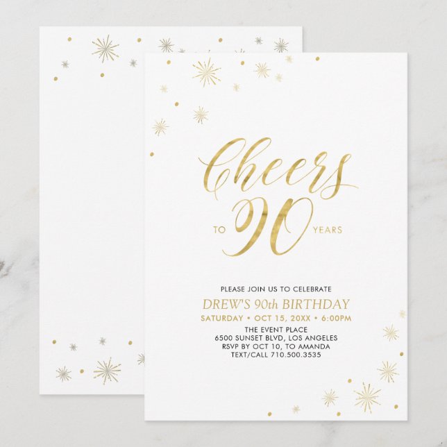 Skål till 90 | 90:e Födelsedagsfesten Guld & White Inbjudningar (Fram/baksida)