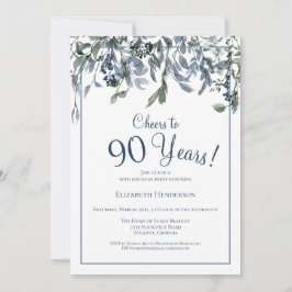 Skål till 90 års blå Blommigt Inbjudningar