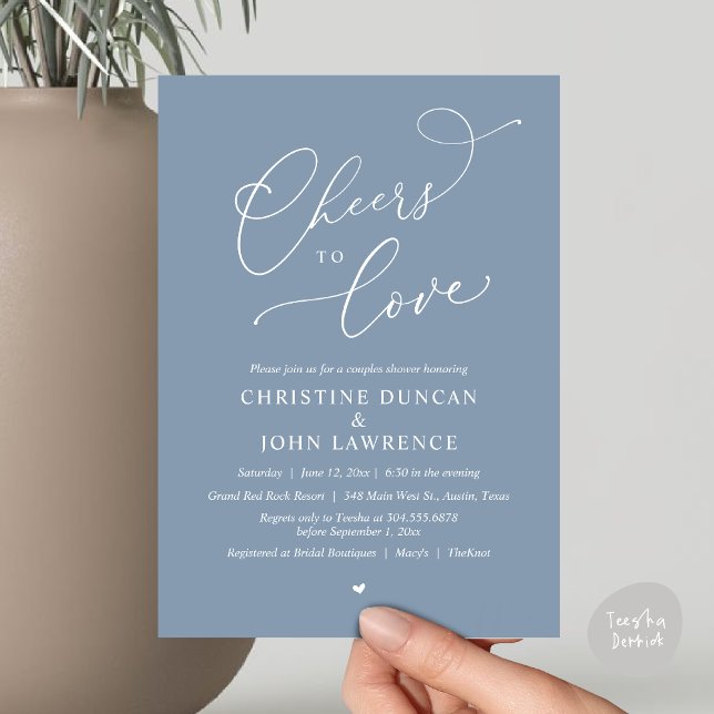 Skål till kärlek, Romantic Par Shower Party Inbjudningar (Cheers to love, Romantic Couples Shower Modern Party Winery Invitation Card, PDF, Summer Dusty Blue)