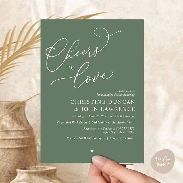 Skål till kärlek, Romantic Par Shower Party Inbjudningar (Cheers to love, Romantic Couples Shower Modern Party Winery Invitation Card PDF Summer Greenery Sage)