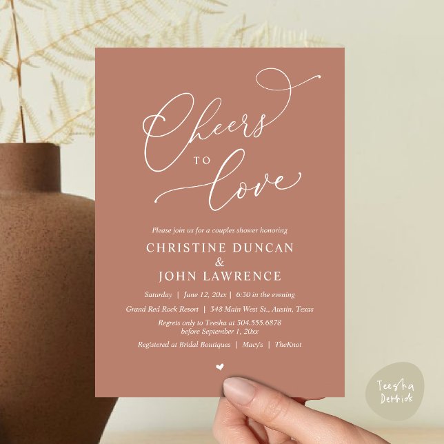 Skål till kärlek, Romantic Par Shower Party Inbjudningar (Cheers to love, Romantic Couples Shower Modern Party Winery Invitation Card PDF Summer Earthy Brown)
