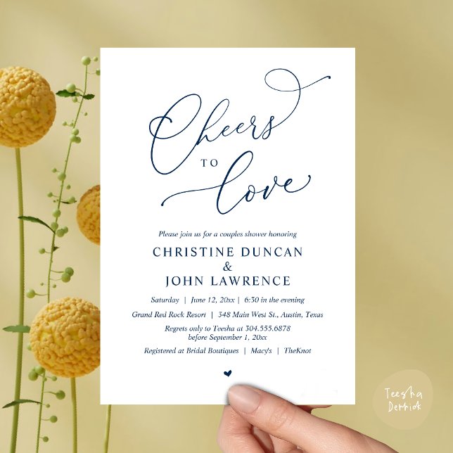 Skål till kärlek, Romantic Par Shower Party Inbjudningar (Cheers to love, Romantic Couples Shower Modern Party Winery Invitation Card PDF Summer Navy Blue)