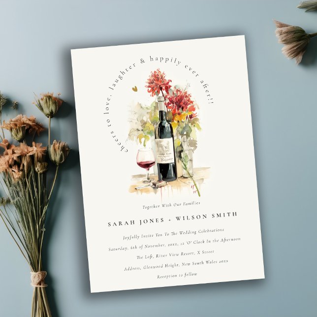 Skål till Kärlek Vin Red Gult Blommigt Bröllop Inbjudningar (Skapare uppladdad)